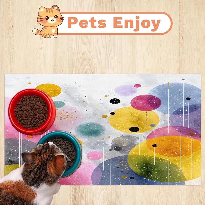 Polka Dot Dog Food Mat for Floors Absorbent Dog Bowl Mat for Food and Water Dispenser Quick Dry Cat Food Placemat Pet Supplies 16" x 24", Boho Geometric