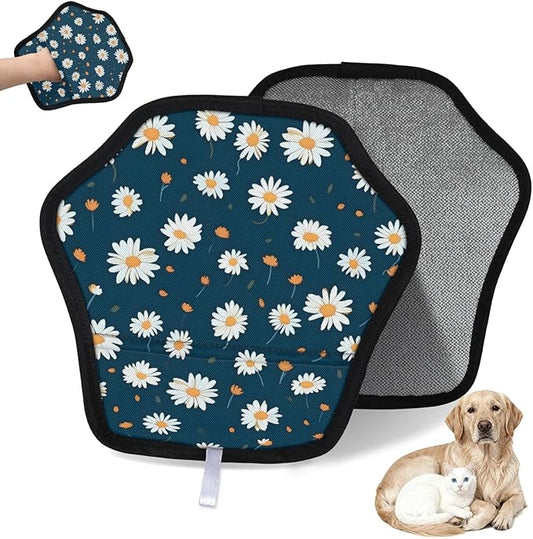 Reusable Pet Hair Removal Glove Navy Blue Daisy Flowers Magic Brush for Cat & Dog Hair Remover for Car, Sofa, Bedding, Clothes - 9x9 Mitt Washable