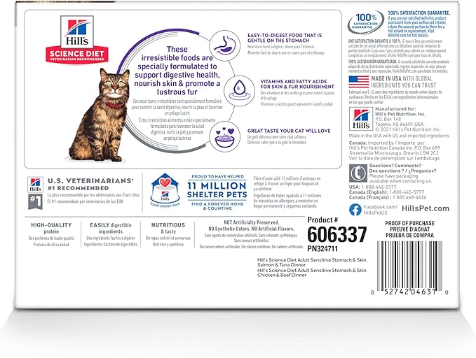 Hill's Science Diet Sensitive Stomach & Skin, Adult 1-6, Stomach & Skin Sensitivity Support, Wet Cat Food, Variety Pack: Chicken & Beef; Salmon & Tuna Stew, 2.8 oz Pouch Variety Pack, Case of 12