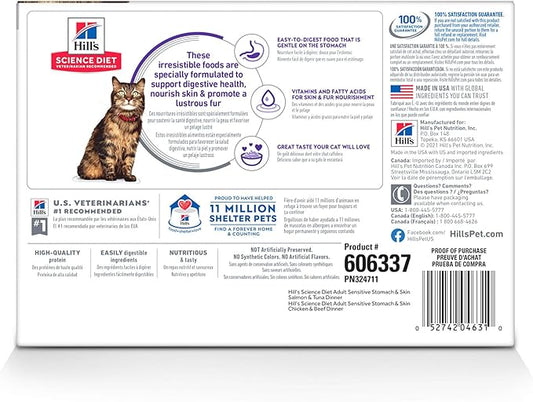 Hill's Science Diet Sensitive Stomach & Skin, Adult 1-6, Stomach & Skin Sensitivity Support, Wet Cat Food, Variety Pack: Chicken & Beef; Salmon & Tuna Stew, 2.8 oz Pouch Variety Pack, Case of 12
