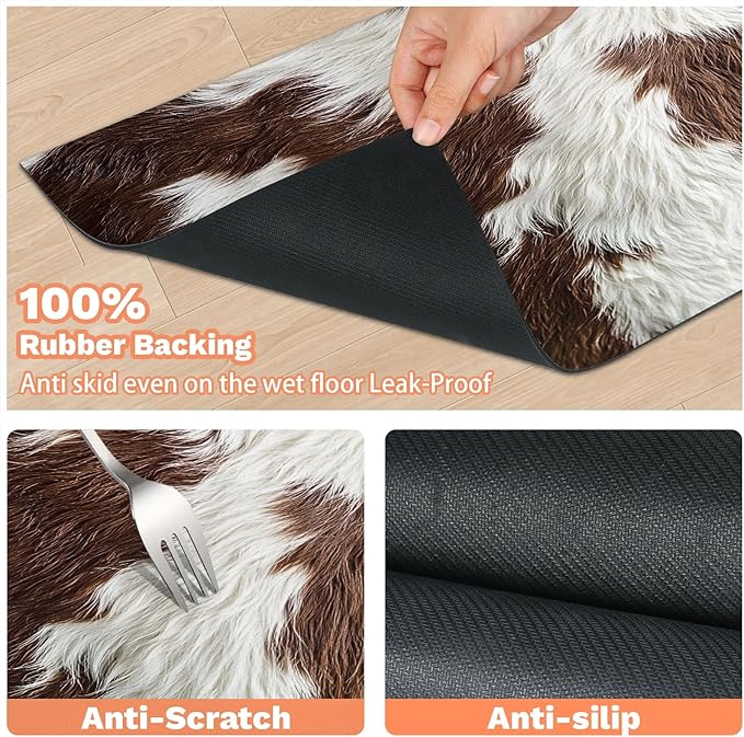 Cow Print Dog Food Mat for Floors Absorbent Dog Bowl Mat for Food and Water Dispenser Quick Dry Cat Food Placemat Pet Supplies 12" x 20", Brown Skin