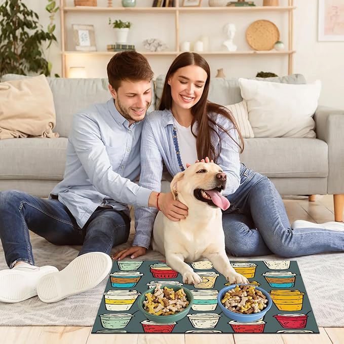 Vintage Coffee Dog Food Mat for Floors Absorbent Dog Bowl Mat for Food and Water Dispenser Quick Dry Cat Food Placemat Pet Supplies 17" x 30", Colorful Coffee