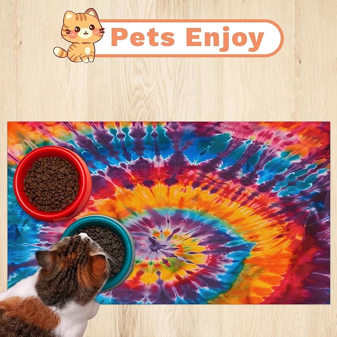 Colorful Tie dye Dog Food Mat for Floors Absorbent, Quick Dry Water Dispenser Mat for Food, Water, Pet Supplies 12" x 20", Abstract Rainbow