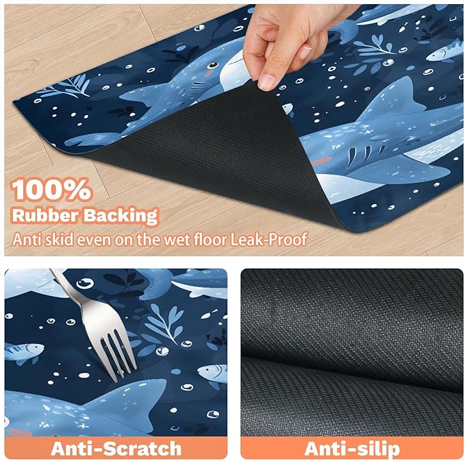 Shark Dog Food Mat for Floors Absorbent Dog Bowl Mat for Food and Water Dispenser Quick Dry Cat Food Placemat Pet Supplies 12" x 20", Ocean Sea