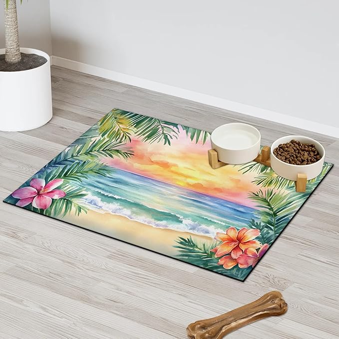 Tropical Flower Dog Food Mat for Floors Absorbent, Quick Dry Water Dispenser Mat for Food, Water, Pet Supplies 17" x 30", Summer Hawaii