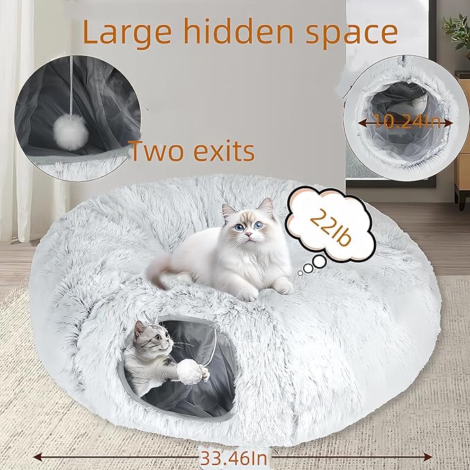 Cat Bed, cat Tunnel, Foldable Machine Washable Plush cat Bed, Grey (33.46 inches), with Hanging Toys, Suitable for Multiple
