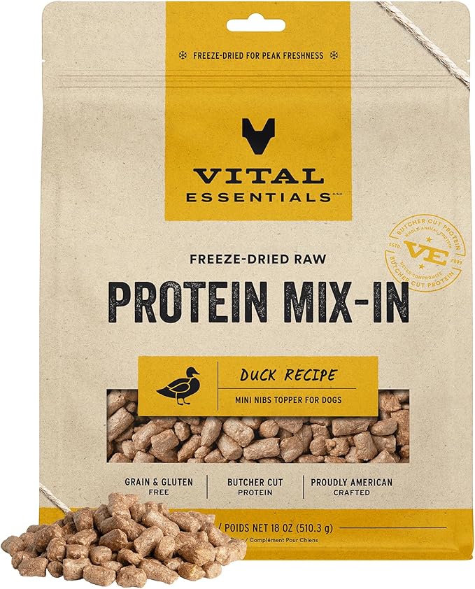 Vital Essentials Freeze Dried Raw Dog Food Topper, Duck Mini Nibs Topper for Dogs | High Protein, Low Carb, Grain Free, Dry Dog Food Topper | 18 oz