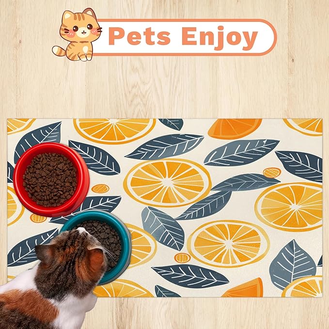 Lemon Dog Food Mat for Floors Absorbent Dog Bowl Mat for Food and Water Dispenser Quick Dry Cat Food Placemat Pet Supplies 17" x 30", Leaves