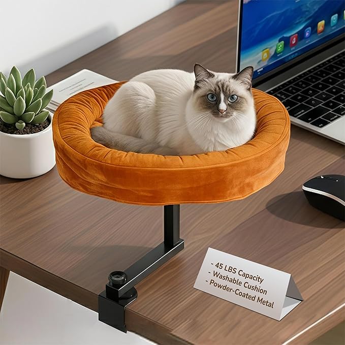 [Ready to Gift] PURRHOUSE Up to 45LBS Capacity Cat Desk Bed - 360° Rotating & Adjustable Shelf, Pet Perch for Desks with Washable Cushion, Desk Cat Bed Attachment for Various Tables (Brown)