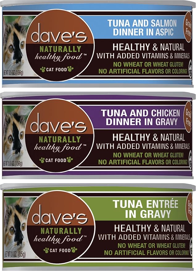 Dave's Pet Food Grain Free Cat Food Variety Bundle: (4) Tuna & Salmon in Aspic, (4) Tuna in Gravy and (4) Tuna & Chicken in Gravy (12 Cans Total, 2.8 Ounces Each) Plus Silicone Lid