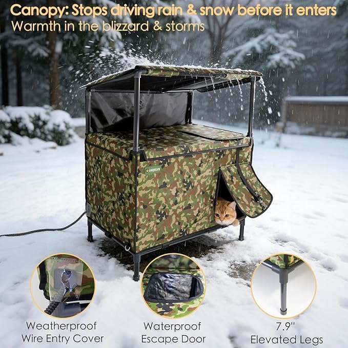 Outdoor Cat House, Heated for Winter Waterproof &Insulated Feral Outside Cat Shelter with Heating Pad, Weatherproof Pet Cottage for Barn, Porch, Garage, Gift for Stray Cats