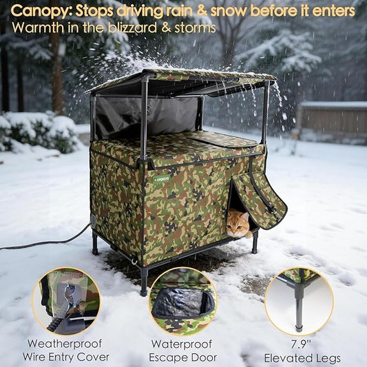 Outdoor Cat House, Heated for Winter Waterproof &Insulated Feral Outside Cat Shelter with Heating Pad, Weatherproof Pet Cottage for Barn, Porch, Garage, Gift for Stray Cats