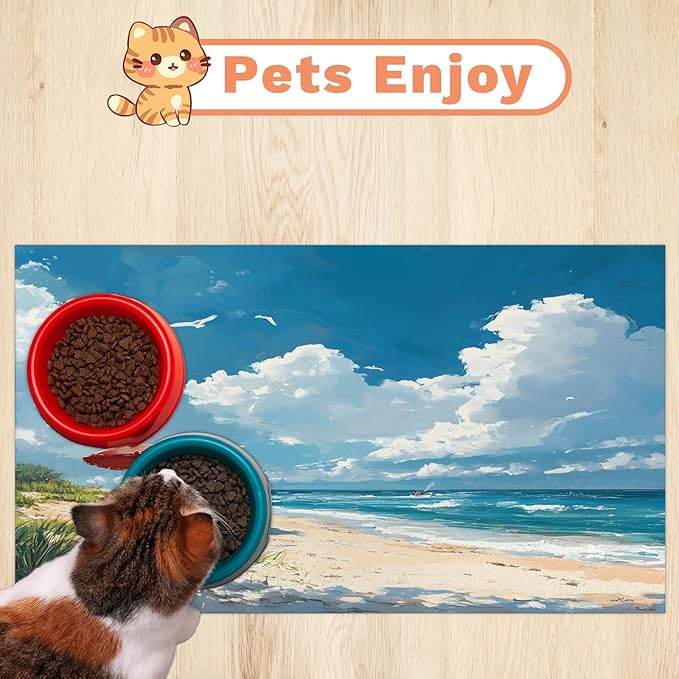 Beach Scene Dog Food Mat for Floors Absorbent, Quick Dry Water Dispenser Mat for Food, Water, Pet Supplies 12" x 20", Summer Seaside