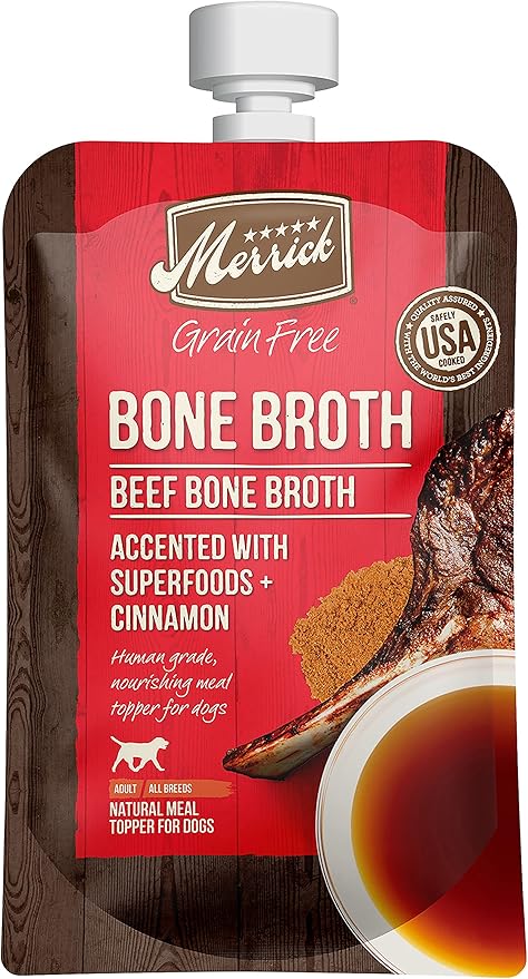 Merrick Grain Free Bone Broth Natural Meal Topper for Dogs, Accented with Superfoods & Cinnamon, for Adult Dogs of All Breeds Beef, 7 Ounce,(Pack of 3)