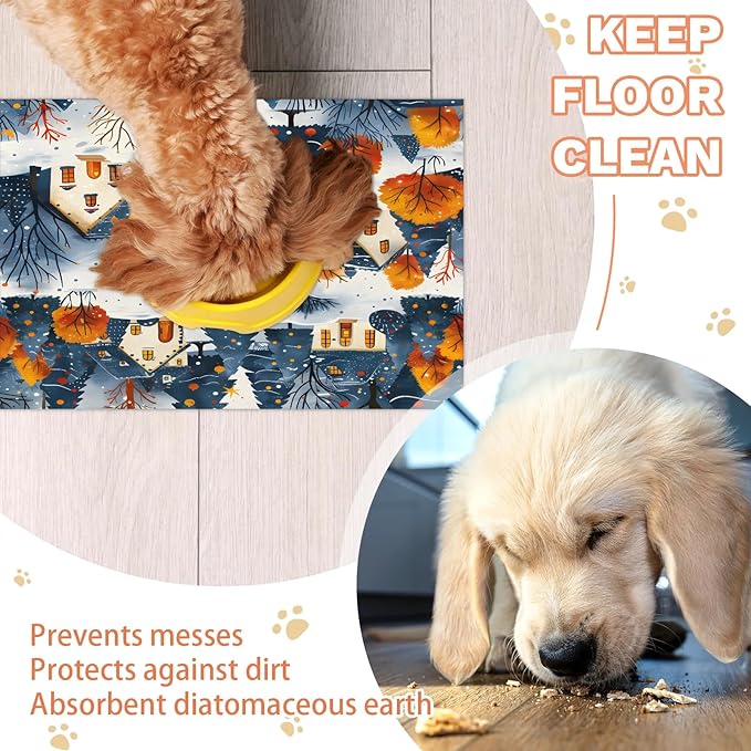 Village Hills Dog Food Mat for Floors Absorbent, Quick Dry Water Dispenser Mat for Food, Water, Pet Supplies 16" x 24", Fall Tree