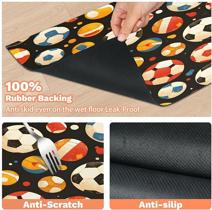 Soccer Ball Dog Food Mat for Floors Absorbent, Quick Dry Water Dispenser Mat for Food, Water, Pet Supplies 12" x 20", Colorful Football