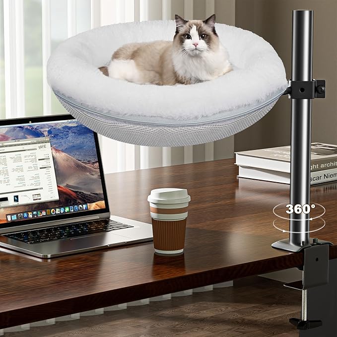 Cat Bed for Desk Removable Cushion Pet Desk Bed for Home Office, Comfortable Cat Perch for Indoor Kitty Max 40 LBS, 360° Rotating & Height Adjustable