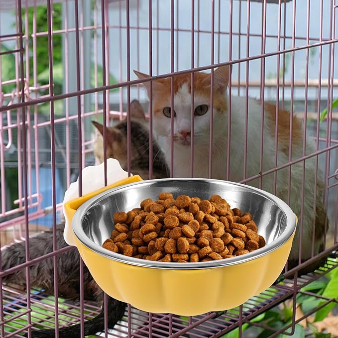 Hanging Pumpkin-Shaped Pet Feeder Bowl, Small Yellow Plastic Cage Cat Feeder and Dog Bowl for Crate Feeding and Watering Supplies
