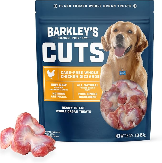 Barkley’s Cuts, Frozen Raw Whole Chicken Gizzards Dog Treats, Single Ingredient, Flash Frozen, High Protein Training Treats and Food Toppers for Puppies and Dogs, Human Grade Ingredients, 16 Oz Bag