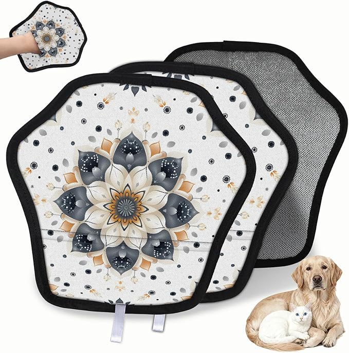 Floral Flower Pattern Electrostatic Pet Hair Removal Glove for Cats & Dogs - Reusable Grooming Mitt for Couch, Carpet, Car Seat & Laundry - Large 9x9 Inch