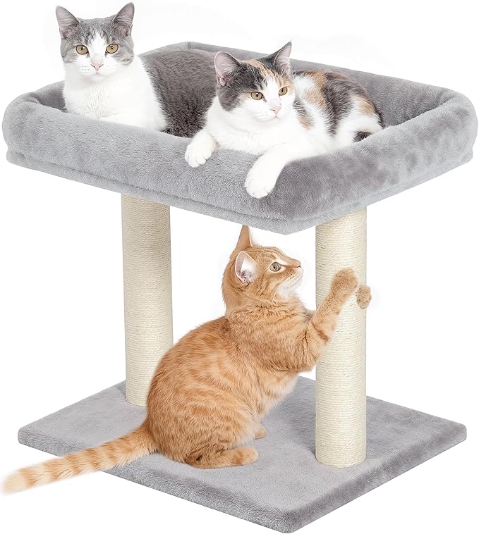 Cat Tree with Scratching Post, 19"×15.8" Large Top Perch Bed, Small Cat Tower for Indoor Cats, Dual Natural Sisal Posts, Space-Saving Cat Furniture (Light Gray)