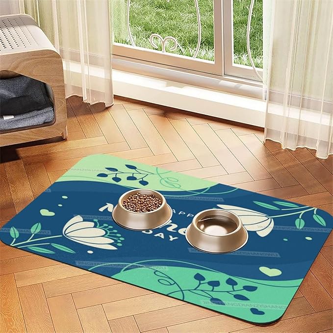 Pet Feeding Mat for Floors Waterproof Dog Mat for Food and Water Happy Mother's Day Floral Gift Mom Green Absorbent Quick Dry Non Slip Mats Cat Bowls 18X12In