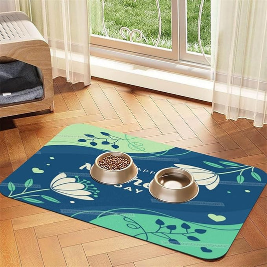 Pet Feeding Mat for Floors Waterproof Dog Mat for Food and Water Happy Mother's Day Floral Gift Mom Green Absorbent Quick Dry Non Slip Mats Cat Bowls 24x16In