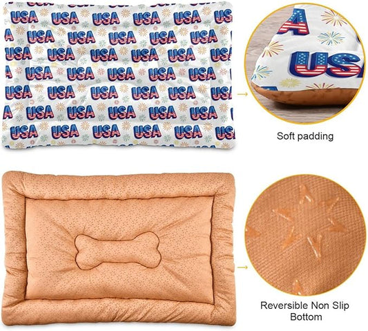 Dog Bed for Crate Washable Pet Sleep Pad, Independence Day Elements Kennel Mat with Non-Slip Bottom, Soft Fluffy Supplies Pet for Dogs and Cats (24x18 inch)