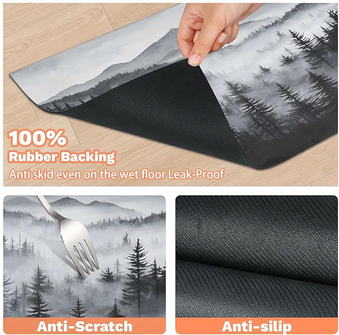Misty Forest Dog Food Mat for Floors Absorbent, Quick Dry Water Dispenser Mat for Food, Water, Pet Supplies 24" x 32", Nature Woodland