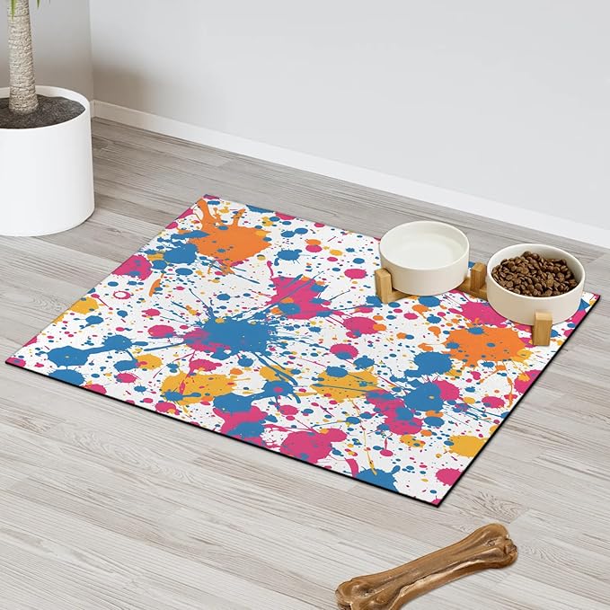 Colorful Graffiti Dog Food Mat for Floors Absorbent Dog Bowl Mat for Food and Water Dispenser Quick Dry Cat Food Placemat Pet Supplies 17" x 30", Watercolor Graffiti