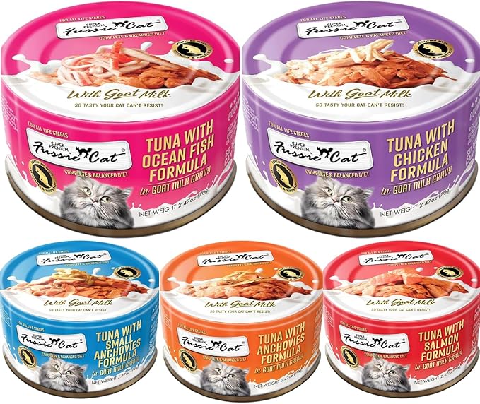Fussie Cat Super Premium Canned Wet Cat Food in Goat Milk Gravy -2.47 oz Sized Cans - Variety Pack of 5 Flavors -2 Each (10 Cans Total) Plus lid
