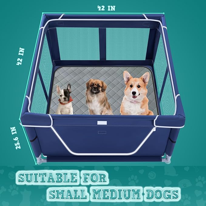 42x42 Inches Puppy Playpen with Dog Pads, Dog Playpen for Puppies or Small Dogs, Pet Playpen for Indoor & Outdoor, Sturdy Safety DogPen with Thickened Fabric, High-Strength Nylon Wire Mesh