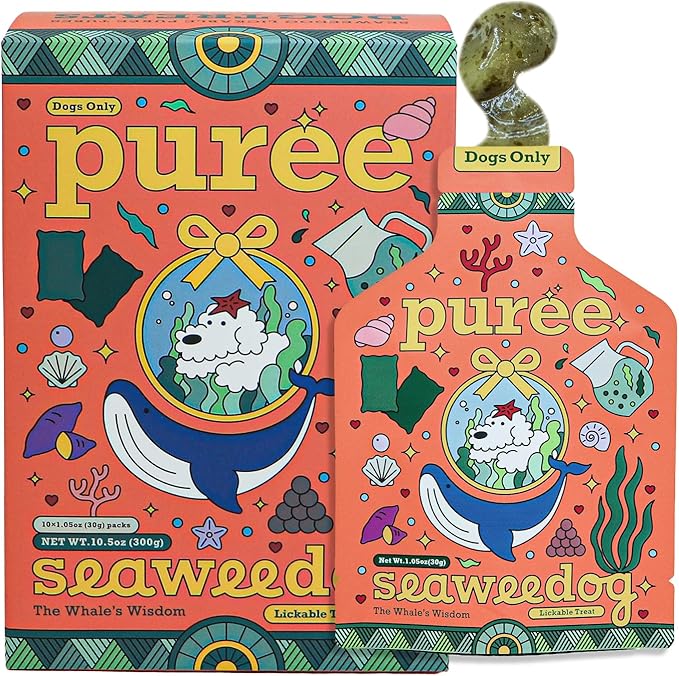 Lickable Puree Tubes for Dogs 10.6 oz, 10 Tubes Vegan Squeeze Treats with Korean Seaweed, Spirulina, Chlorella, Kelp, Omega-3, Meal Topper for Picky Eaters, Training Treats