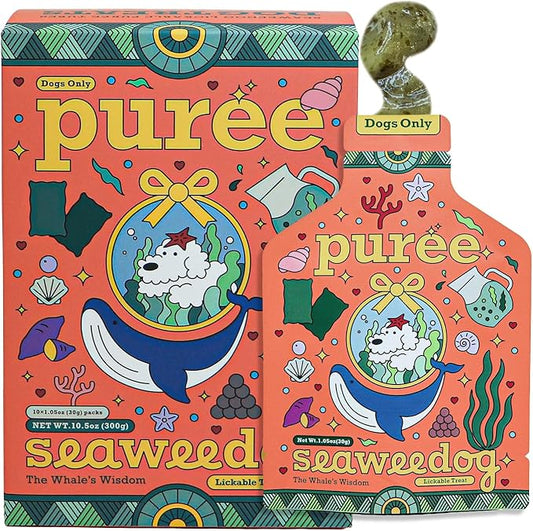 Lickable Puree Tubes for Dogs 10.6 oz, 10 Tubes Vegan Squeeze Treats with Korean Seaweed, Spirulina, Chlorella, Kelp, Omega-3, Meal Topper for Picky Eaters, Training Treats
