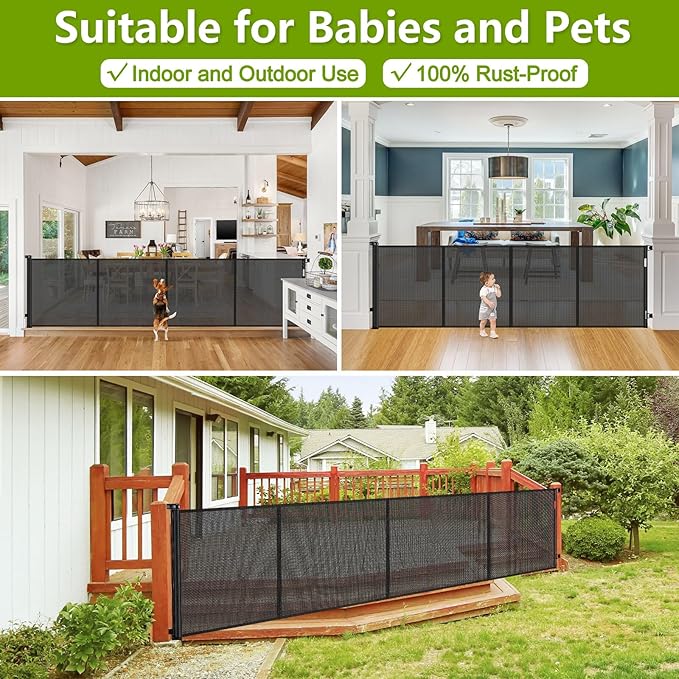 Reinforced 42" Tall x 195" Extra Long Baby Gates for Large Openings, Tall Retractable Baby Gates Extra Wide Dog Gate with Support Rods - Prevent Crawling Under, Indoor/Outdoor Retractable Fence, Black