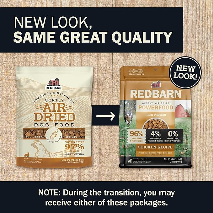 Redbarn Powerfood Air Dried Dog Food - 96% Chicken & Chicken Organs - High Protein Grain-Free Non-GMO Premium Dry Full Feed or Topper Made in USA with Omega 3 Salmon Oil Flaxseed - 2lb