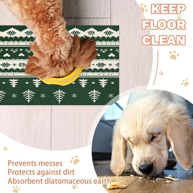Christmas Trees Dog Food Mat for Floors Absorbent, Quick Dry Water Dispenser Mat for Food, Water, Pet Supplies 16" x 24", Green White Xmas