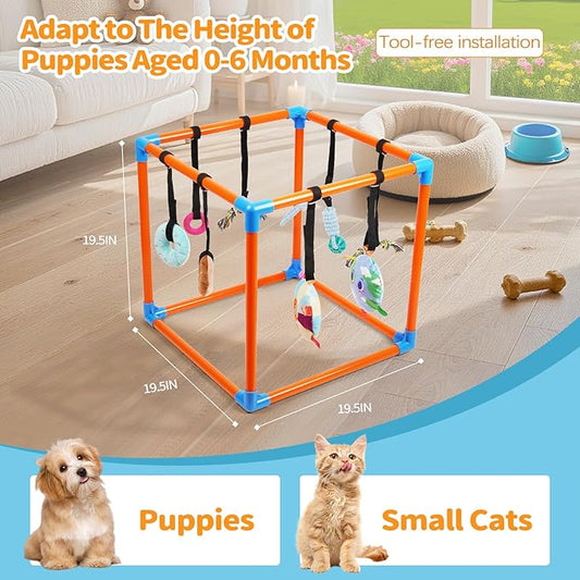 Liitrton Puppy Play Gym - Small Dogs Play Gym with 8 Hanging Toys, Indoor Puppy Jungle Gym with Interactive Dog Enrichment Toys, 19.5"x19.5"x19.5" PVC Frame (Orange)