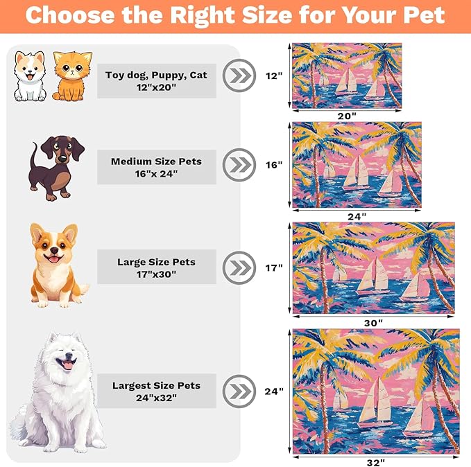 Palm Tree Dog Food Mat for Floors Absorbent, Quick Dry Water Dispenser Mat for Food, Water, Pet Supplies 12" x 20", Colorful Sailboat