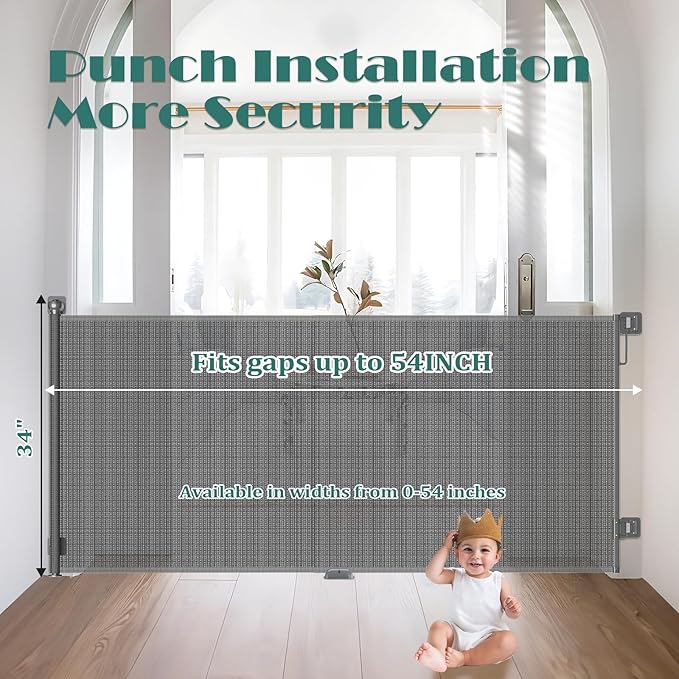 Retractable Baby Gates No Drilling | 54" Wide x 34" Tall Dog Gates for Stairs | Indoor/Outdoor Use | Child Gates for Doorways, Deck, Porch, Hallways, Patio - Gray