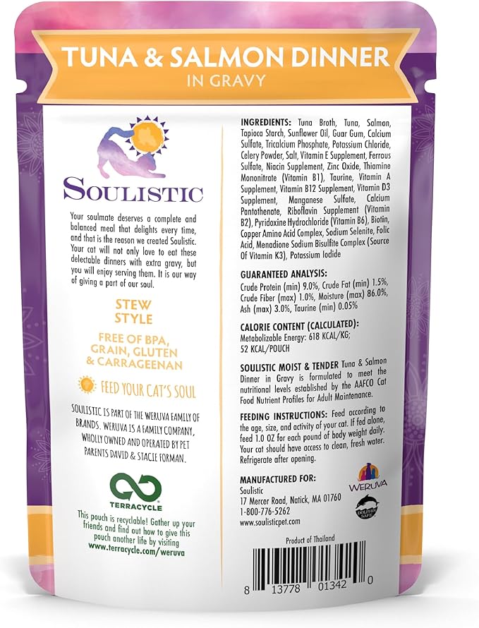 Soulistic Moist and Tender, Tuna and Salmon Dinner in Gravy, 3oz Pouch, Pack of 8