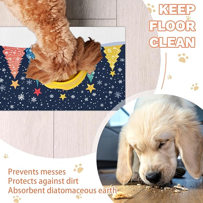 Christmas Trees Dog Food Mat for Floors Absorbent, Quick Dry Water Dispenser Mat for Food, Water, Pet Supplies 17" x 30", Xmas Snowflake