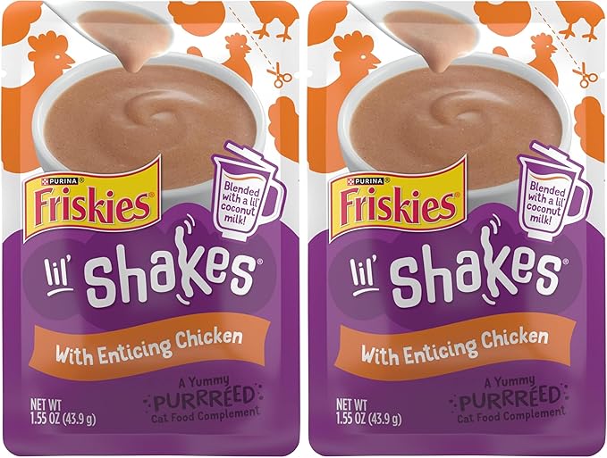 Friskies Purina Pureed Cat Food Topper,Lil’ Shakes with Enticing Chicken Lickable Cat Treats - 1.55 oz. Pouches,(Pack of 32)