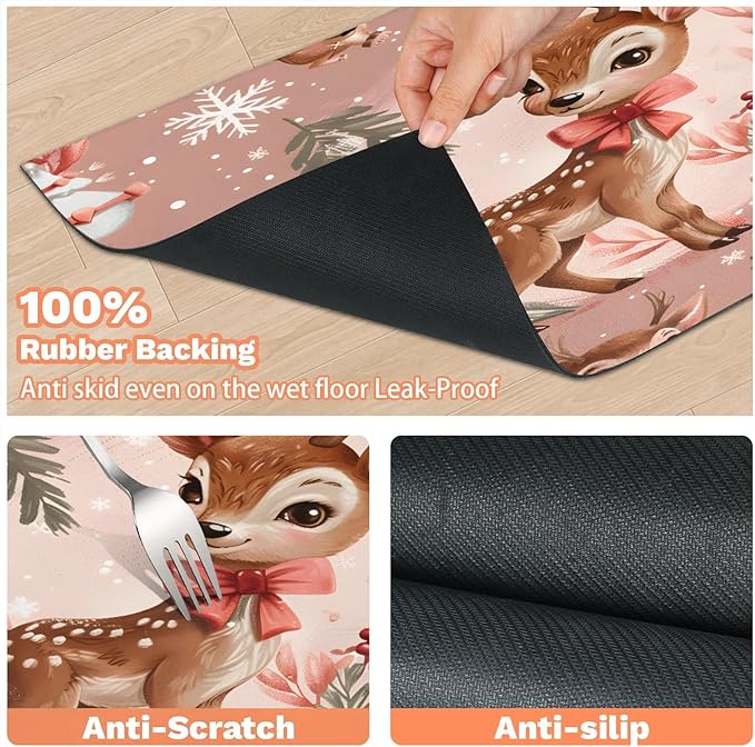 Christmas Deer Dog Food Mat for Floors Absorbent, Quick Dry Water Dispenser Mat for Food, Water, Pet Supplies 24" x 32", Cute Animal