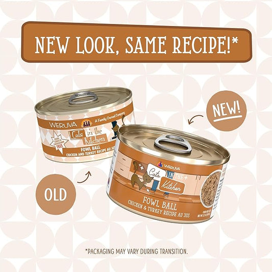 Weruva Cats in The Kitchen, Fowl Ball with Chicken & Turkey Au Jus Cat Food, 3.2oz Can (Pack of 24)