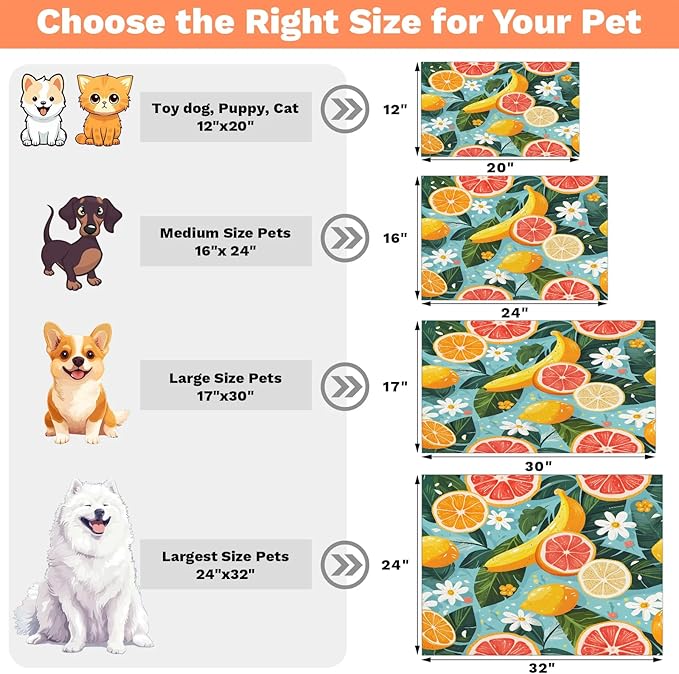 Lemon Flower Dog Food Mat for Floors Absorbent Dog Bowl Mat for Food and Water Dispenser Quick Dry Cat Food Placemat Pet Supplies 12" x 20", Summer Leaves