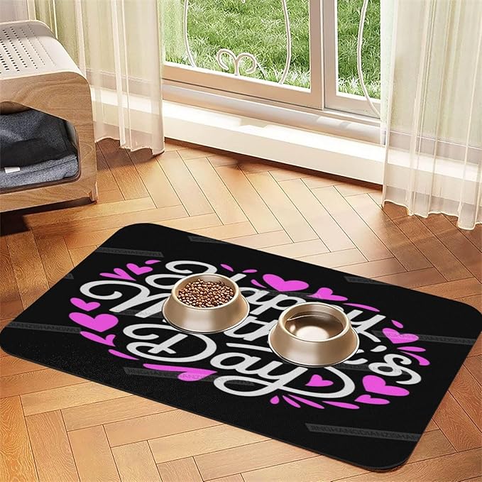 Non Slip Mat for Dog Pet Cat Dog Food Mats Happy Mother's Day Floral Gift for Mom Fq Water Bowl Mat Quick Dry Absorbent Cat Feeding Mats 24x16In