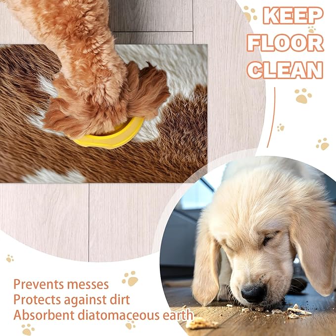 Cow Print Dog Food Mat for Floors Absorbent Dog Bowl Mat for Food and Water Dispenser Quick Dry Cat Food Placemat Pet Supplies 17" x 30", Brown White Fur