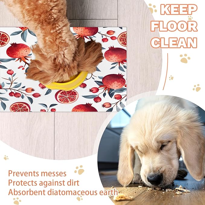 Pomegranate Dog Food Mat for Floors Absorbent Dog Bowl Mat for Food and Water Dispenser Quick Dry Cat Food Placemat Pet Supplies 12" x 20", Leaves