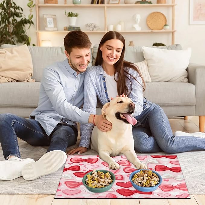 Cute Bow Dog Food Mat for Floors Absorbent, Quick Dry Water Dispenser Mat for Food, Water, Pet Supplies 12" x 20", Love